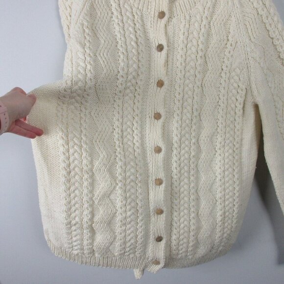 Handknit Sweater Women's Button Up Grandma Cable Knit Cardigan Ivory Wool L 820 - Picture 3 of 11